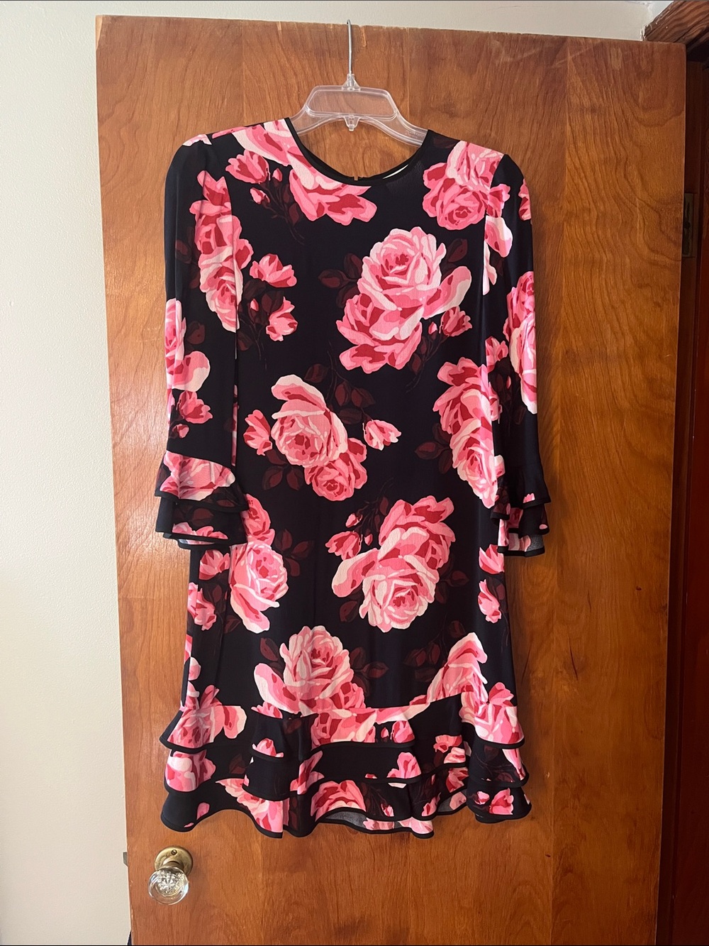kate spade Black Dress with Pink Rose Print and Ruffle Hem